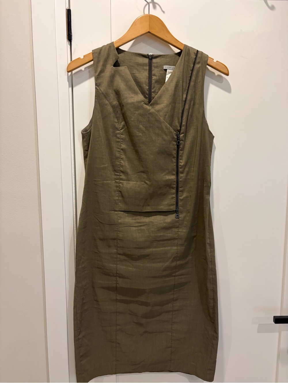 Sarah Pacini Olive Sleeveless Sheath Dress with Diagonal Zip